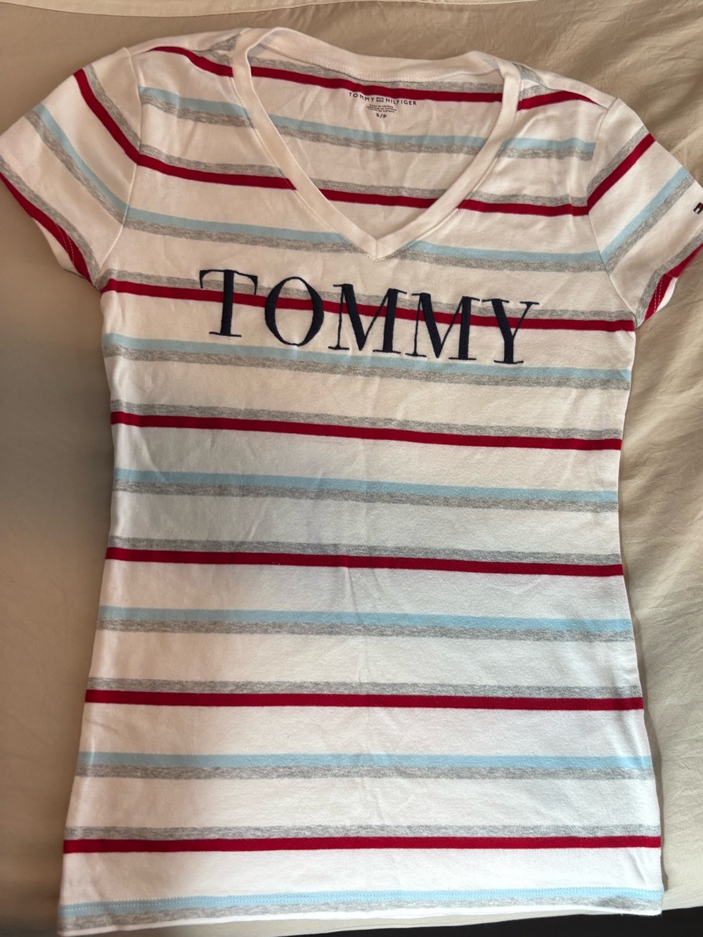 Tommy Hilfiger White Tee with Red & Light Blue Stripes